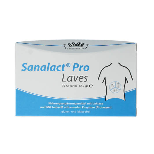 Laves Sanalact pro 30 capsules of fiber and enzymes, showing the supplement bottle with white capsules and label.