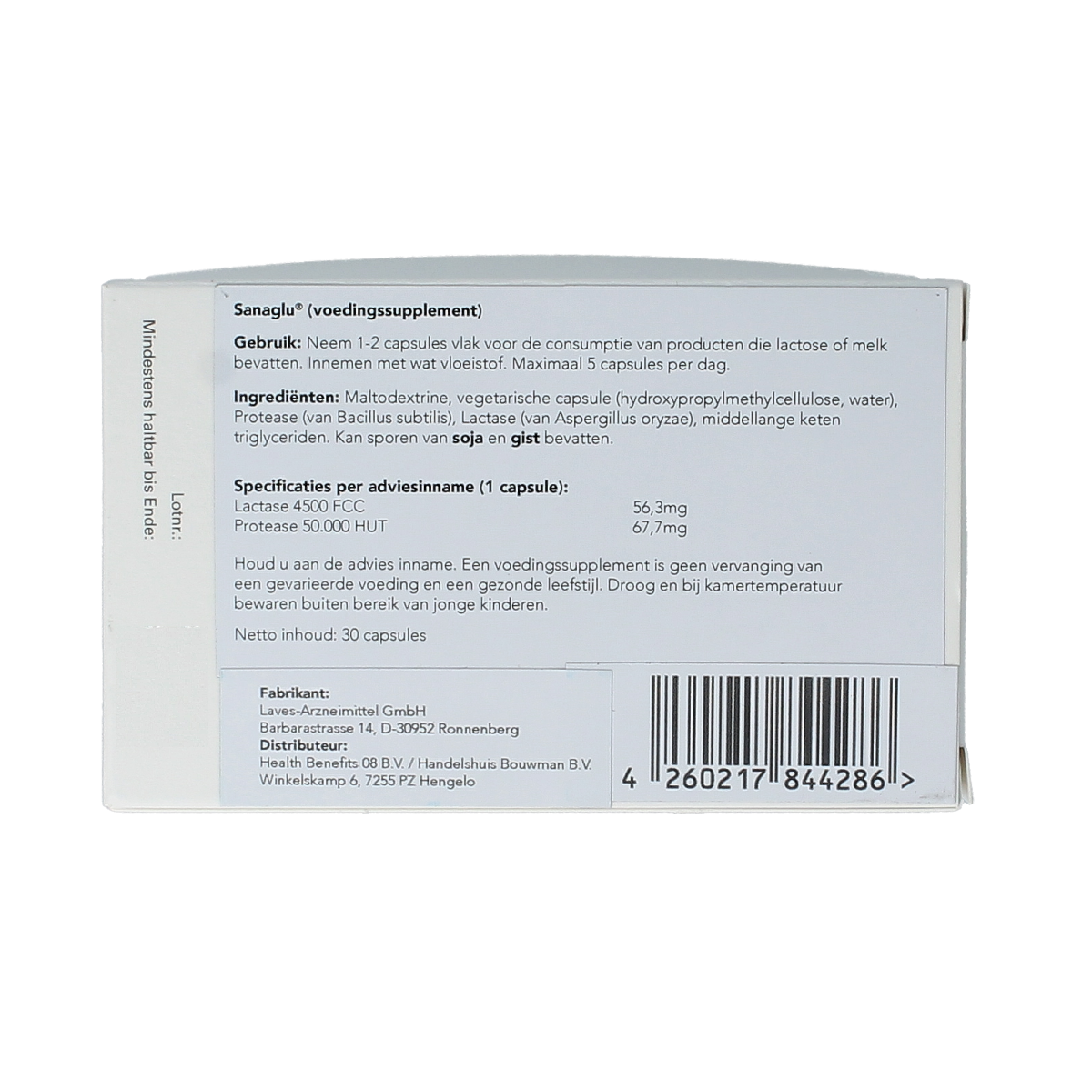 Laves Sanalact Pro 30 capsules of fiber and enzymes supplement for digestive health, displayed in a close-up image.
