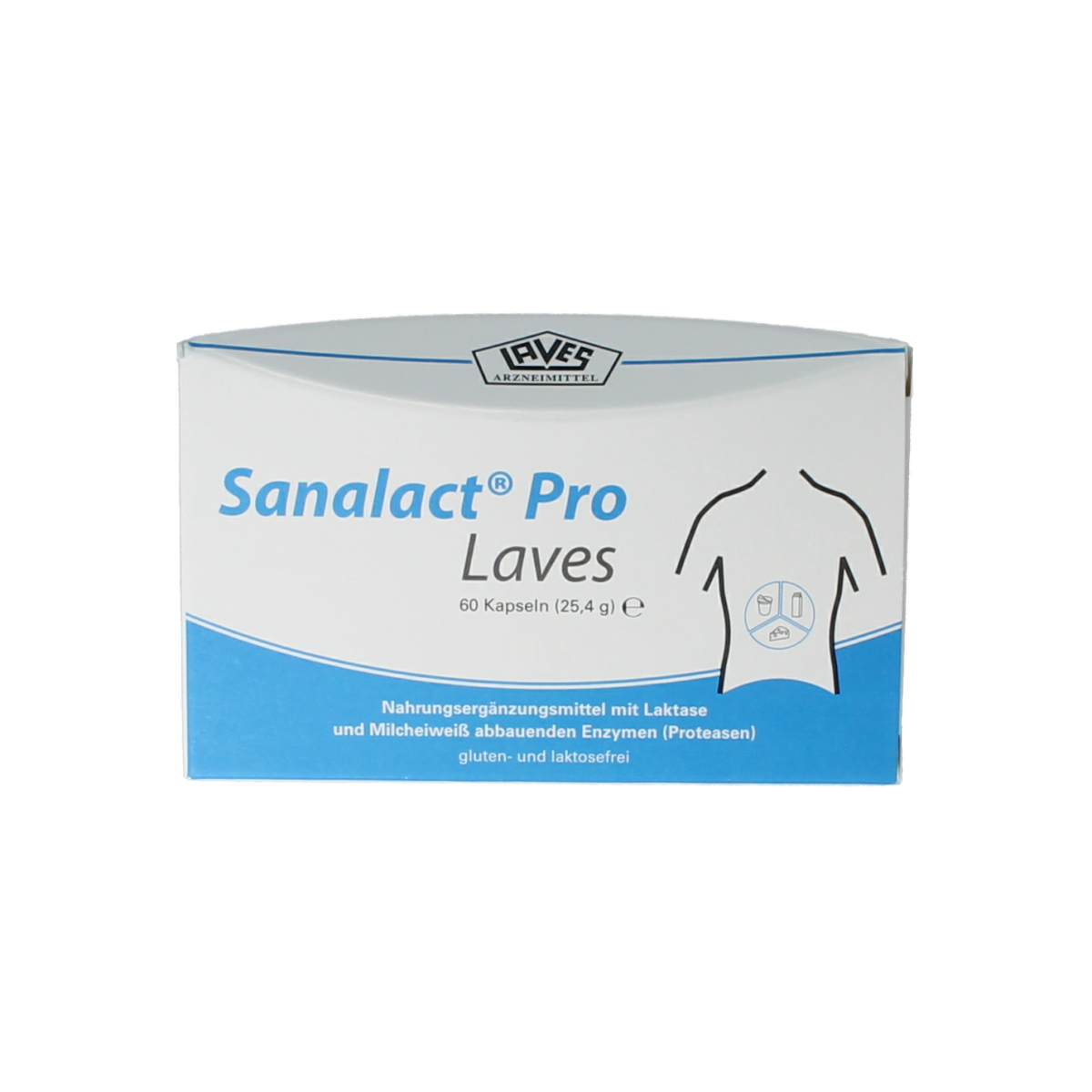 Laves Sanalact Pro 60 capsules of fiber and enzymes supplement, showing the bottle with capsules and label in the image.