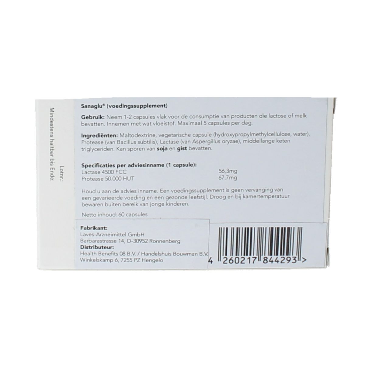 Laves Sanalact Pro 60 capsules of dietary fibers and enzymes in a white bottle with label detailing product information.