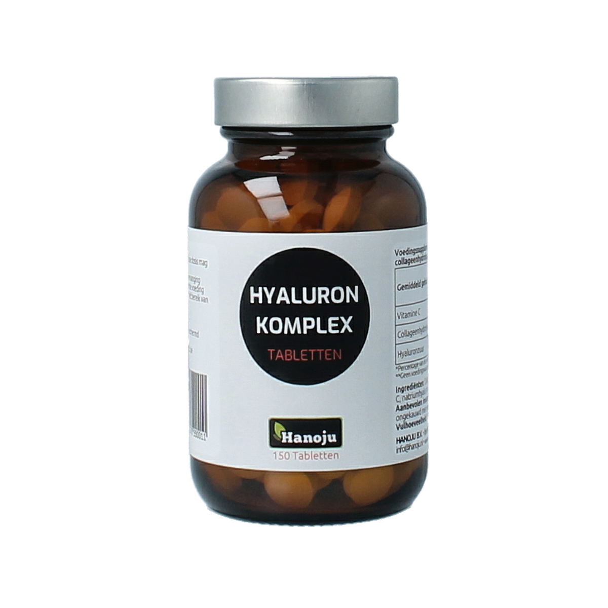 Hanoju Hyaluron, collagen, and vitamin C complex tablets, close-up of the supplement bottle with tablets inside.