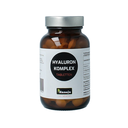 Hanoju Hyaluron, collagen, and vitamin C complex tablets, close-up of the supplement bottle with tablets inside.