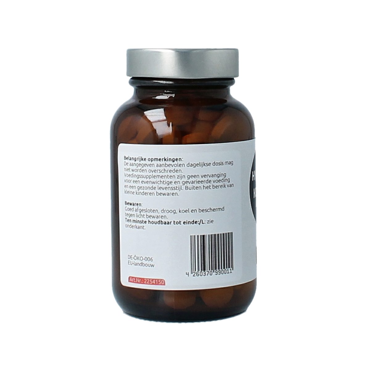 Hanoju Hyaluron collagen and vitamin C complex tablets, close-up of the bottle with 150 tablets in the supplement container