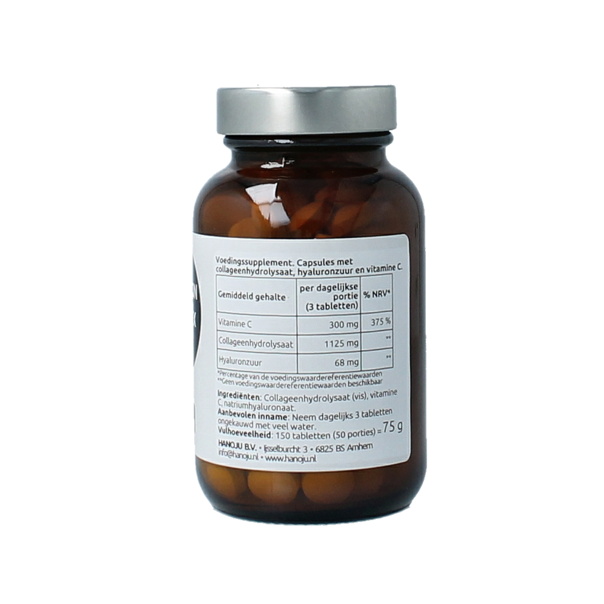 Hanoju Hyaluron collagen plus vitamin C complex tablets, 150 count, showing the bottle with tablets and label details.
