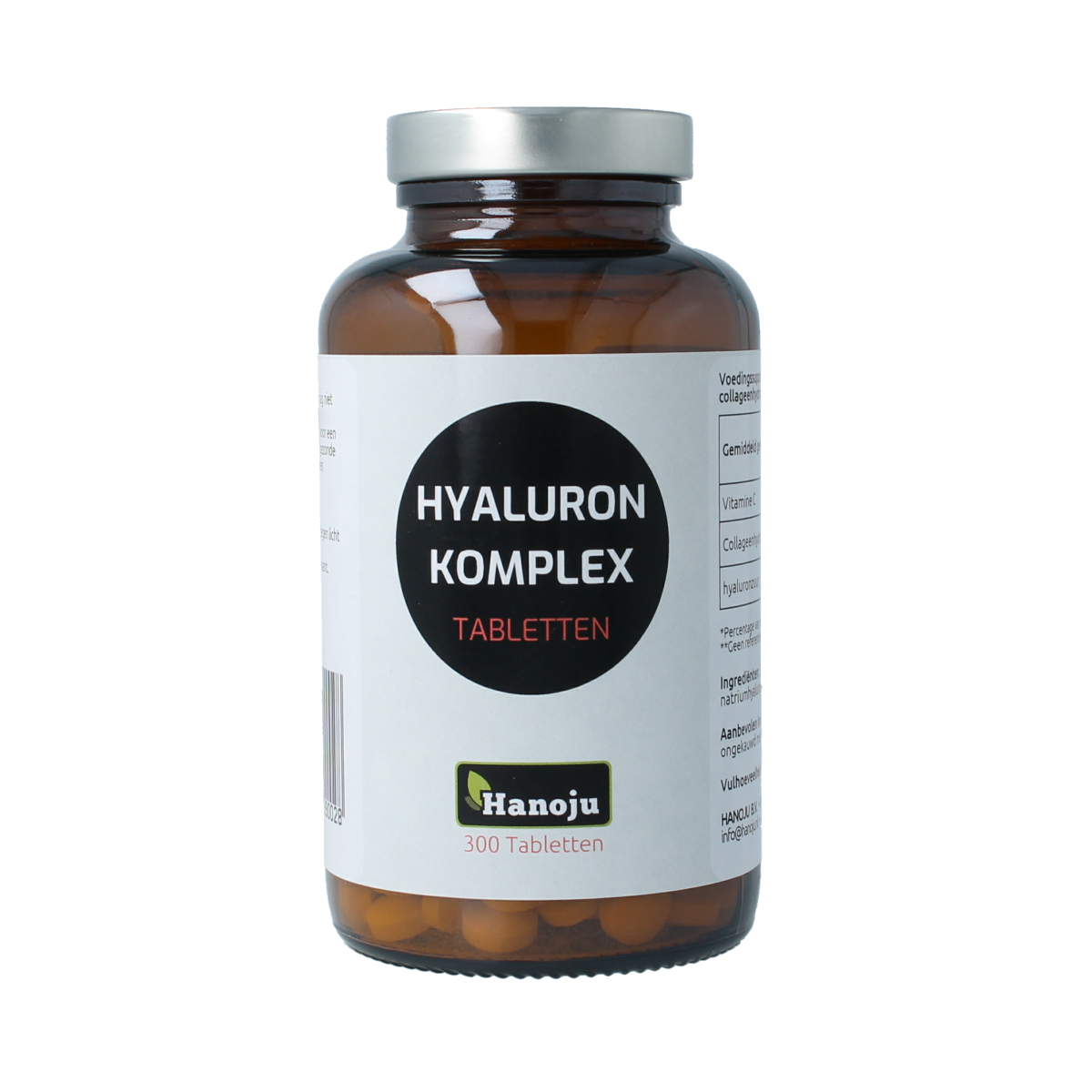 Hanoju Hyaluron Complex 500mg dietary supplement tablets, 300 count, with capsules showing on a white background.