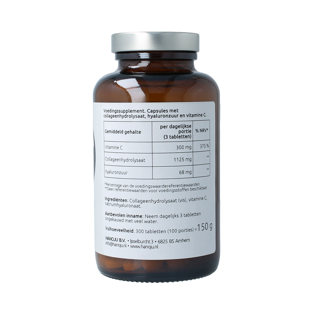 Hanoju Hyaluron Complex 500mg dietary supplement tablets, showing a bottle of 300 tablets with the label visible.
