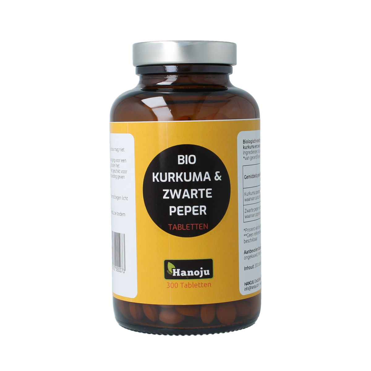 Hanoju Kurkumapoeder + piperine bio dietary supplement tablets, 500mg, natural herbal preparation in a container.