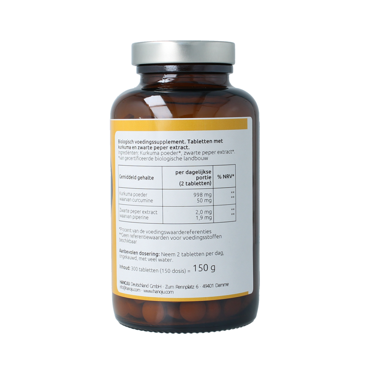 Hanoju Kurkumapoeder with piperine dietary supplement tablets, bio 500mg, natural herbal preparation, 300 tablets.