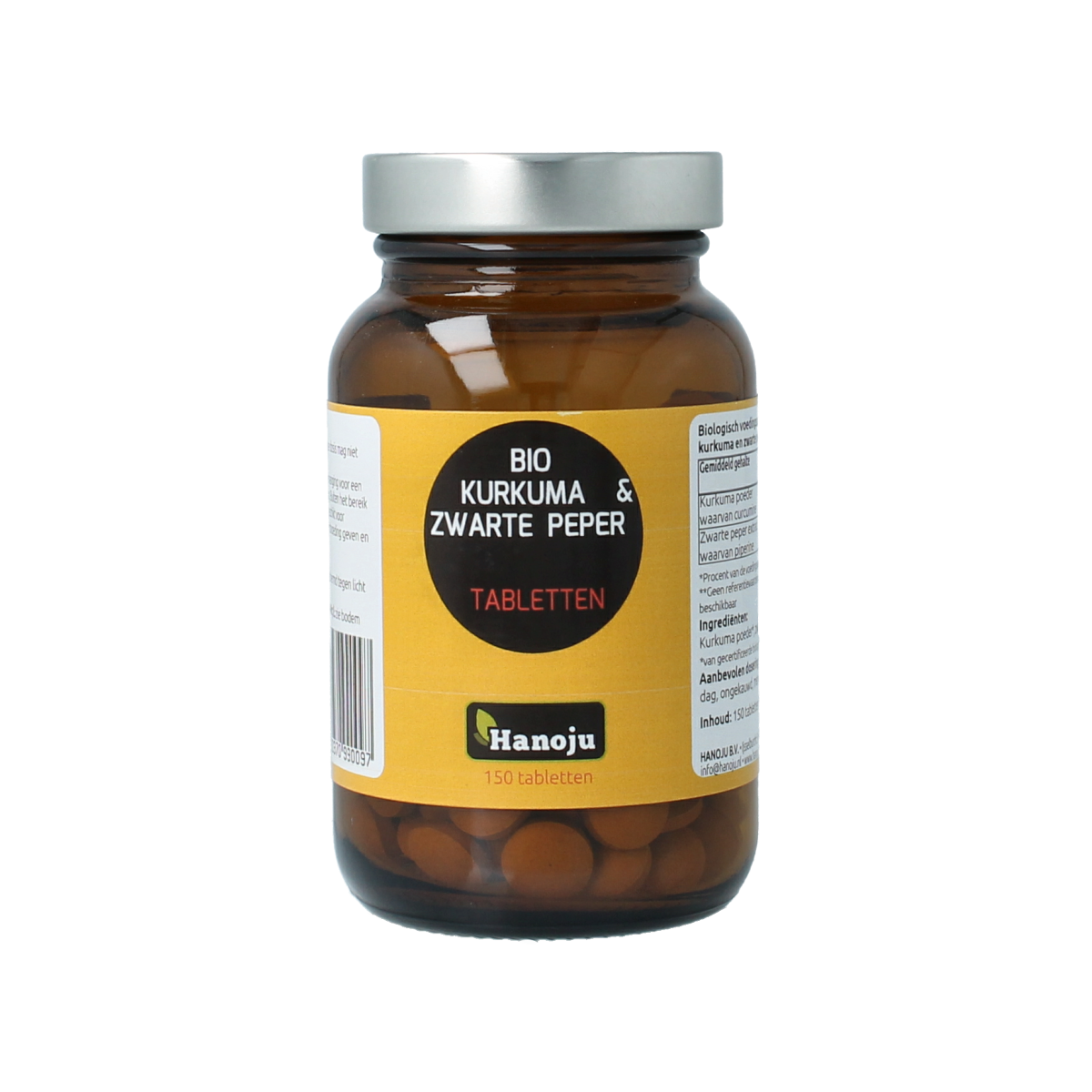 Hanoju Kurkumapoeder + piperine 500mg bio herbal supplement in tablet form, featuring turmeric and black pepper extract.