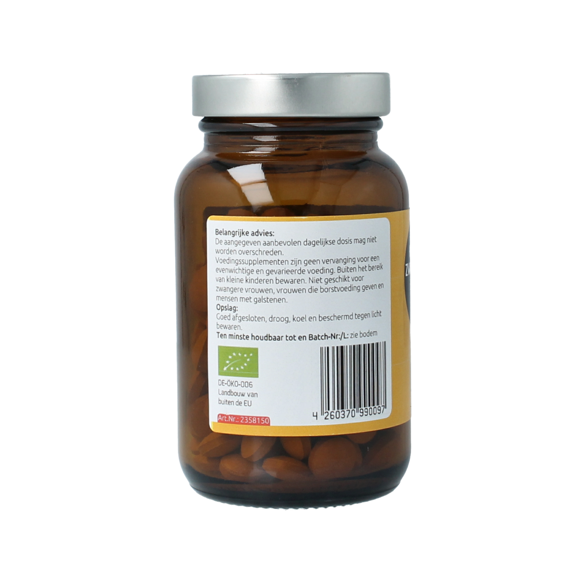 Hanoju Kurkumapoeder + piperine bio 500mg herbal supplement tablets, showing the bottle and tablets on a white background.