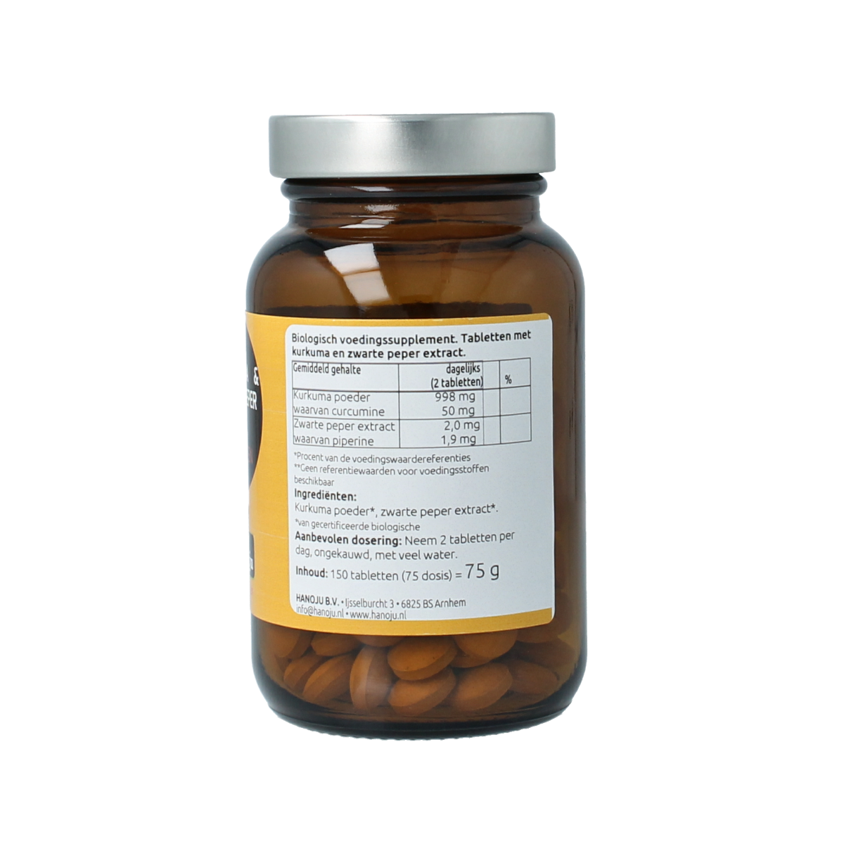 Hanoju Kurkumapoeder + piperine 500mg bio supplement tablets in a bottle, natural herbal product for wellness.