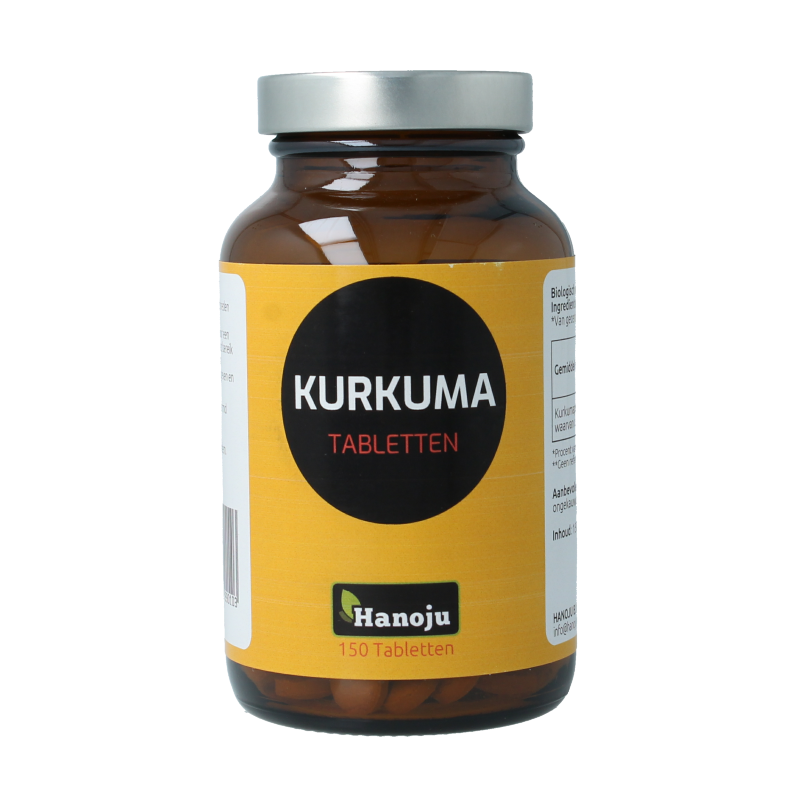 Hanoju Kurkumapoeder 500mg turmeric supplement in 150 tablets, herbal preparation with bright yellow powder visible in the image.