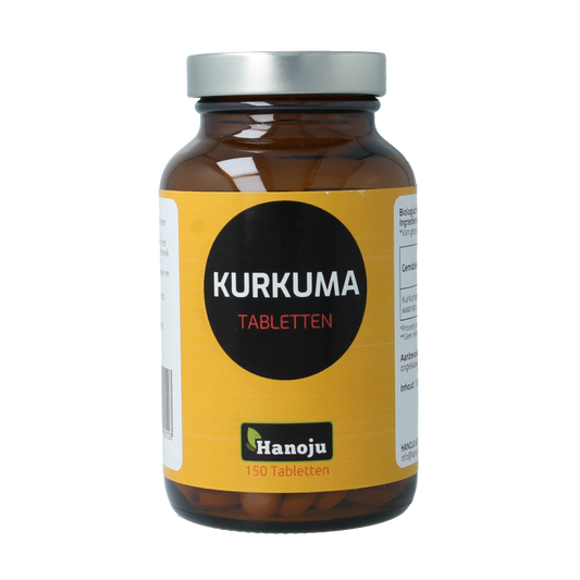 Hanoju Kurkumapoeder 500mg turmeric supplement in 150 tablets, herbal preparation with bright yellow powder visible in the image.