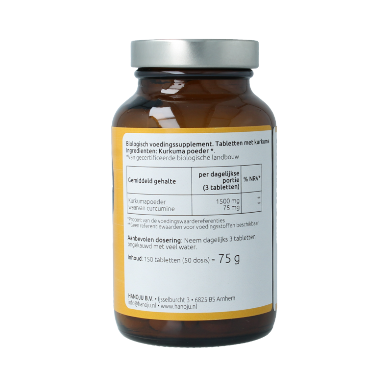 Hanoju Kurkumapoeder 500mg herbal supplement in a bottle with 150 tablets, natural turmeric powder product.