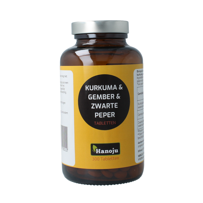 Hanoju turmeric, ginger, and piperine herbal supplement tablets in a bottle, 500mg, 300 capsules for natural health.