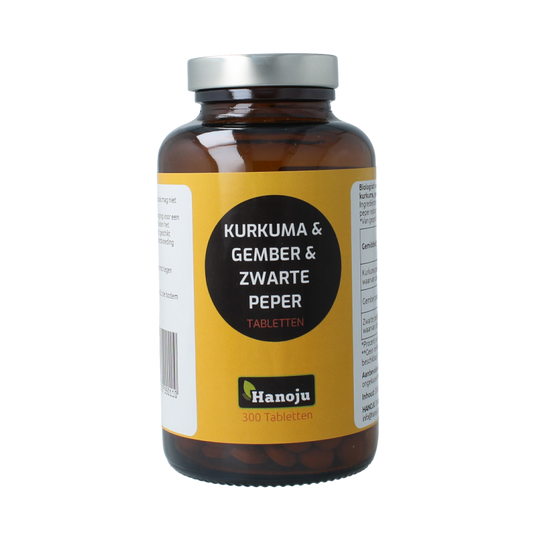 Hanoju turmeric, ginger, and piperine herbal supplement tablets in a bottle, 500mg, 300 capsules for natural health.