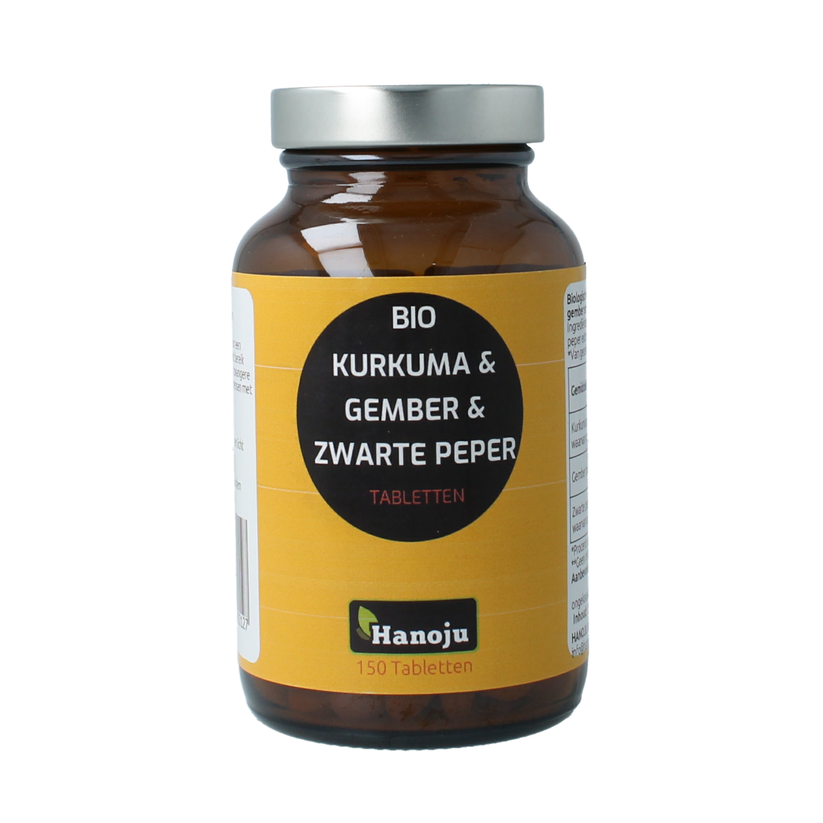 Hanoju turmeric, ginger, and piperine herbal supplement tablets, 500mg, in a bottle with tablets visible inside.
