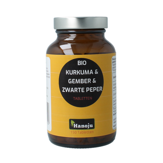 Hanoju turmeric, ginger, and piperine herbal supplement tablets, 500mg, in a bottle with tablets visible inside.