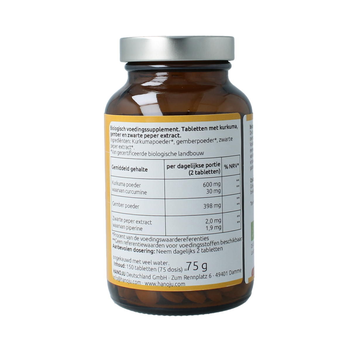Hanoju turmeric, ginger, and piperine herbal supplement tablets in a bottle, natural ingredients for wellness.