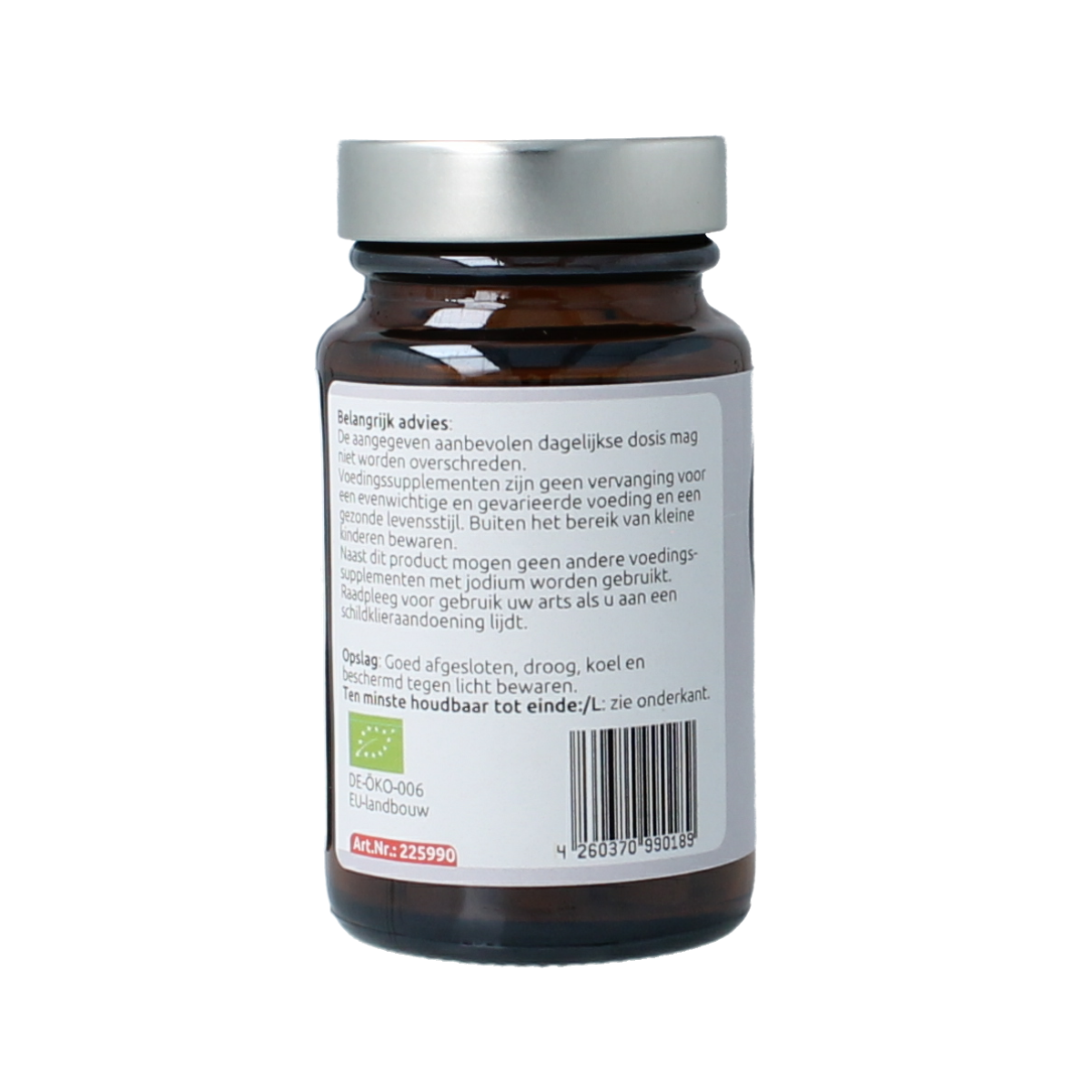 Hanoju organic kelp bio mineral supplement in a bottle of 90 tablets, showing the product label and tablets inside.