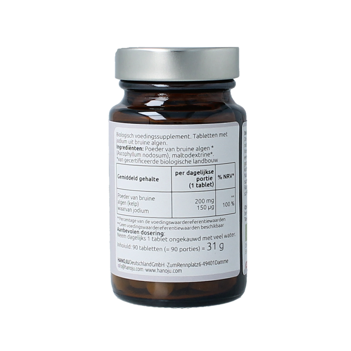 Hanoju organic kelp bio mineral supplement in a bottle of 90 tablets, showing the label and tablets inside