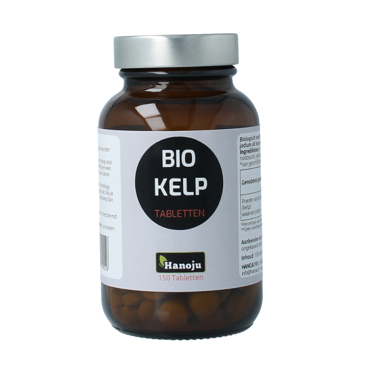 Hanoju organic kelp supplement, 345mg, 150 tablets, herbal supplement with dried seaweed in a bottle