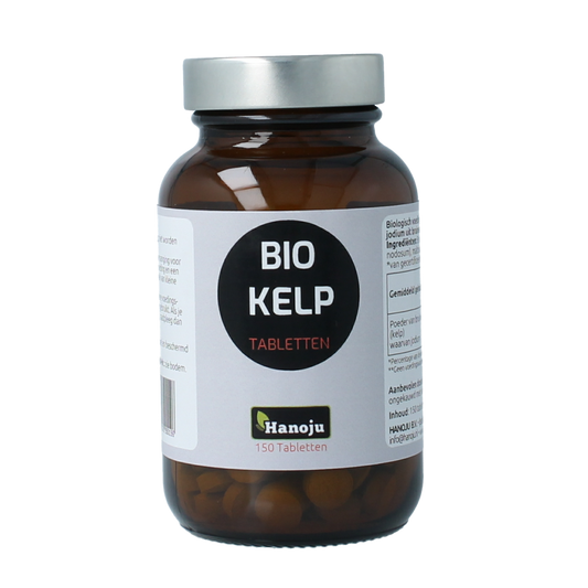 Hanoju organic kelp supplement, 345mg, 150 tablets, herbal supplement with dried seaweed in a bottle