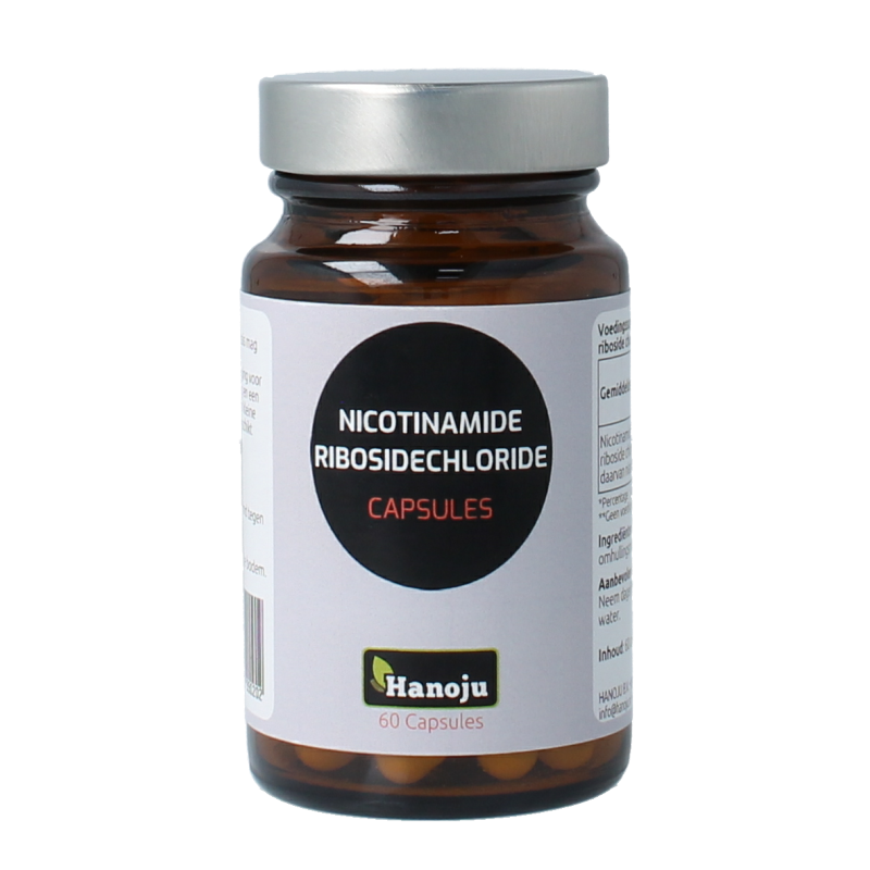 Hanoju NR Nicotinamide Riboside 300mg dietary supplement capsules in a bottle showing the product label