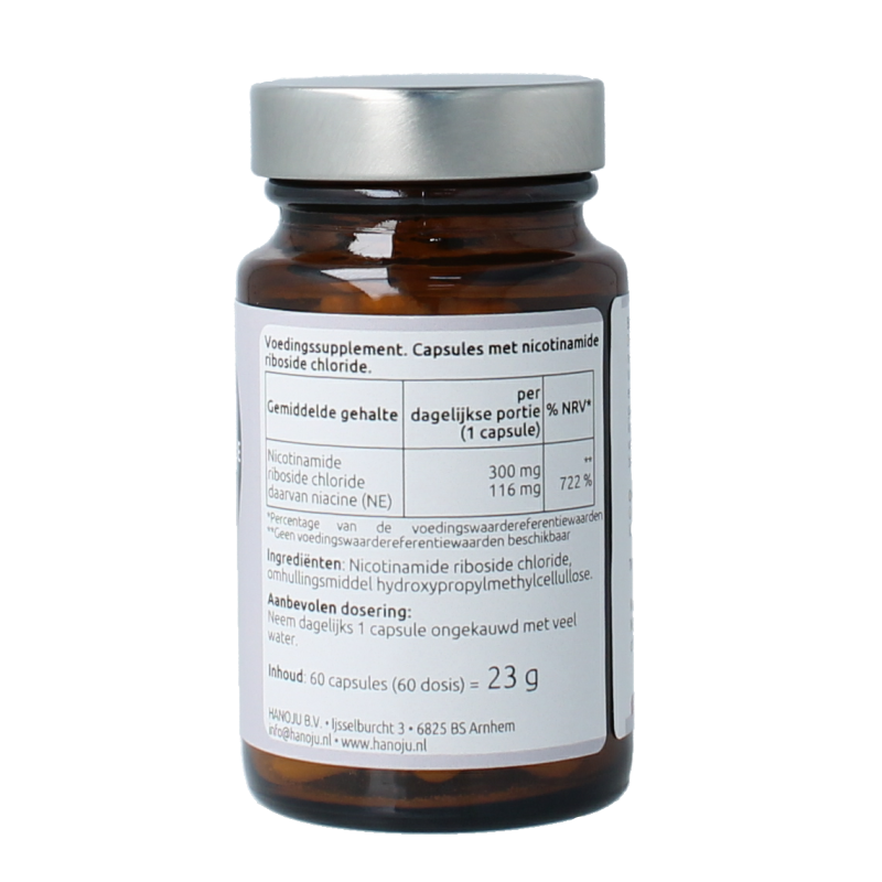 Hanoju NR Nicotinamide Riboside 300mg supplement capsules in a bottle, designed for vitamin and health support.