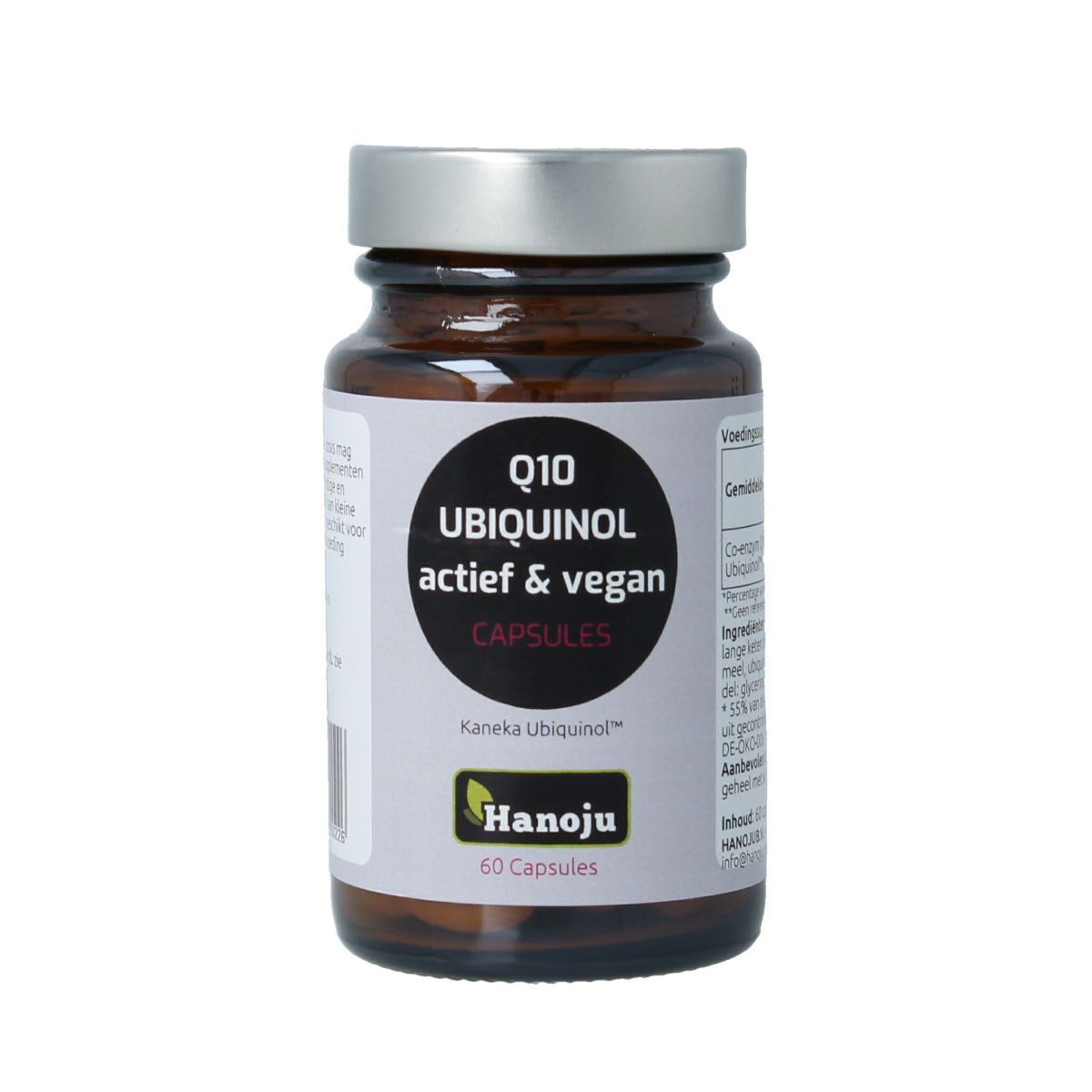 Hanoju Ubiquinol Kaneka Actif vegan vitamin capsules in a transparent bottle with label showing product details.