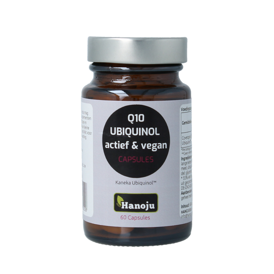 Hanoju Ubiquinol Kaneka actief vegan vitamin capsules, 60 count, showing the supplement bottle with capsules inside.