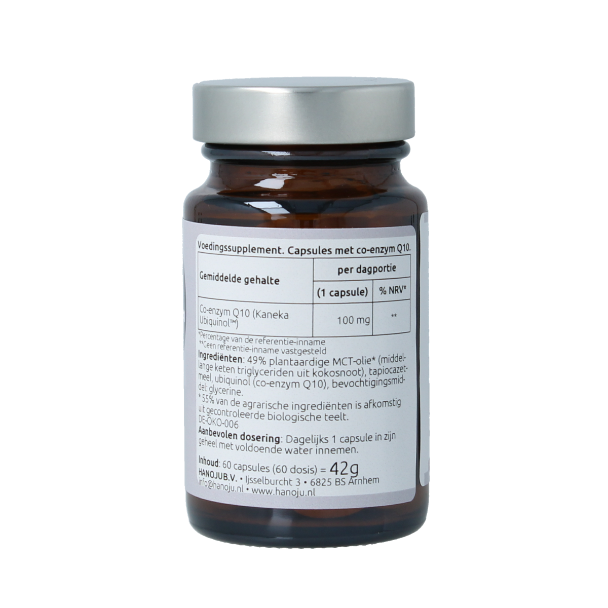 Hanoju Ubiquinol Kaneka Actif vegan vitamin capsules, 60-count, showing the supplement bottle and capsules.