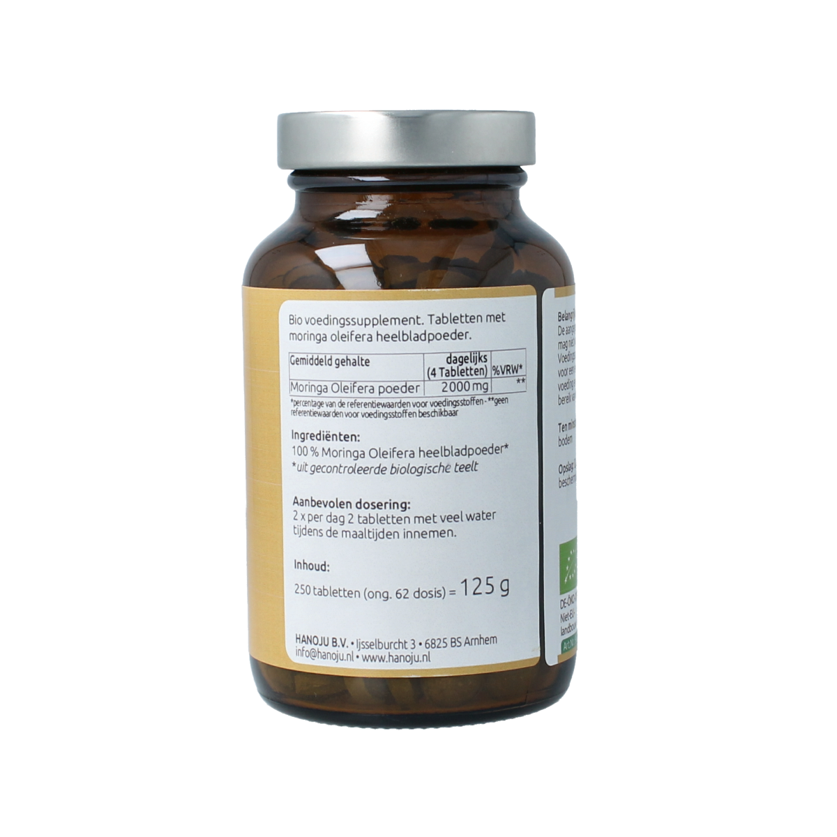 Hanoju Moringa bladpoeder 500mg supplement in a bottle, herbal remedy in tablet form, natural plant-based product.