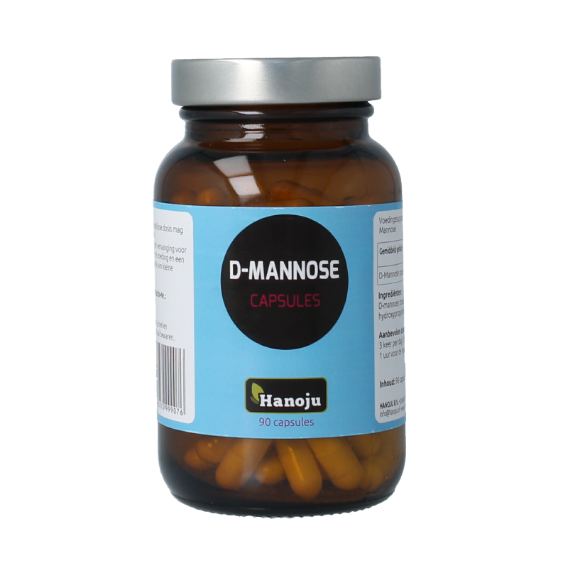 Hanoju D-Mannose 500mg herbal supplement capsules, natural herbal product in a white bottle with 90 capsules.