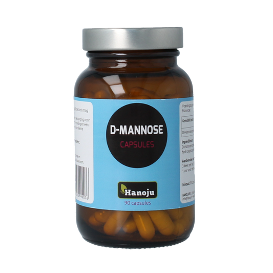 Hanoju D-Mannose 500mg herbal supplement capsules, natural herbal product in a white bottle with 90 capsules.