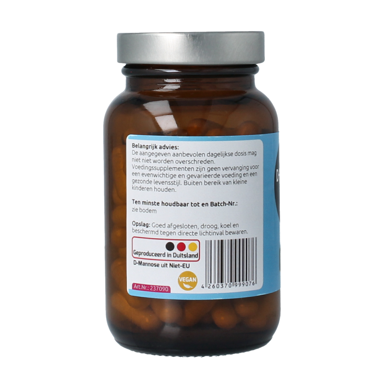 Hanoju D-Mannose 500mg herbal supplement capsules, 90-count, in a bottle with white and green packaging.