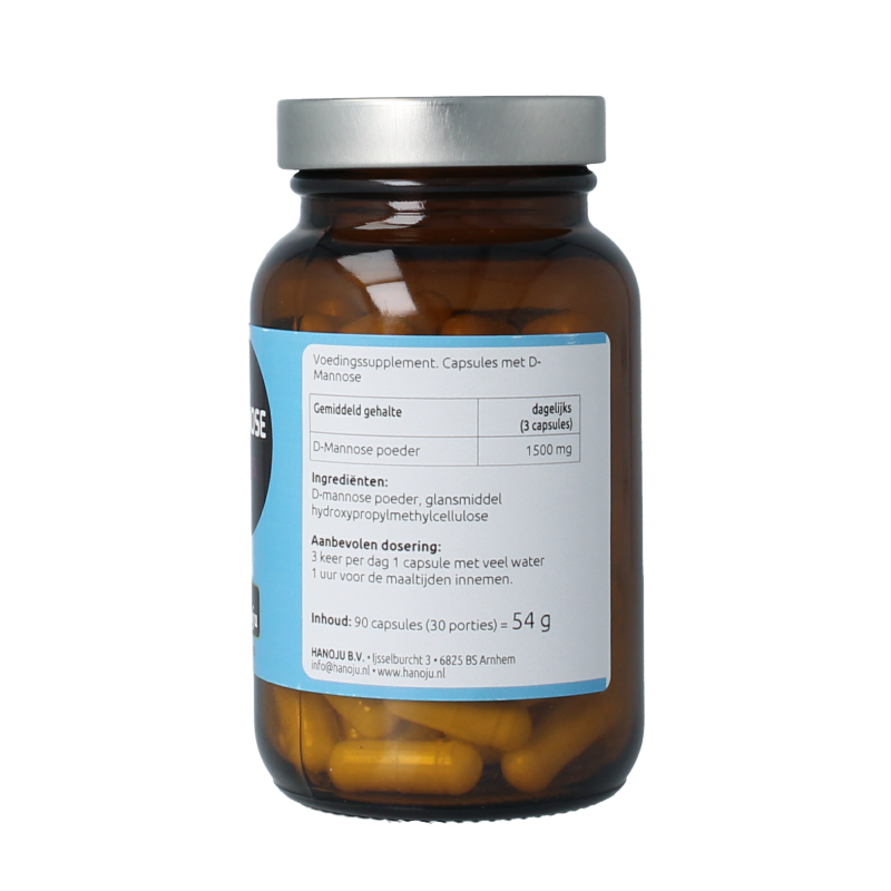 Hanoju D-Mannose 500mg herbal supplement capsules, 90-count, in a bottle, for urinary health support