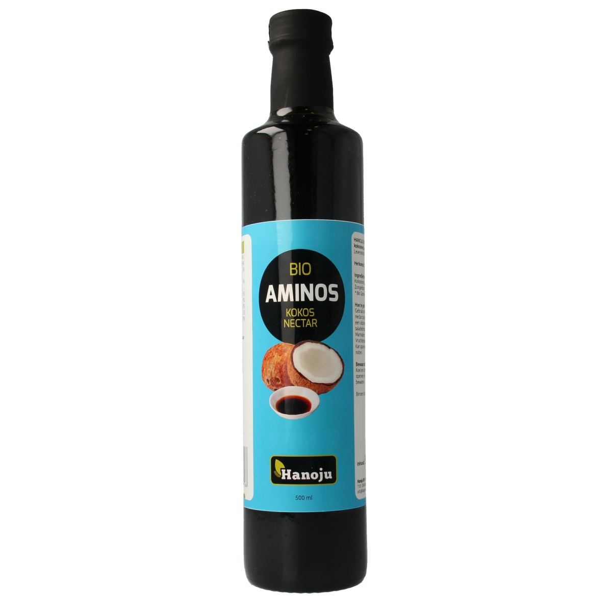 Hanoju Aminos Kokosnoot Nectar bio in 500ml bottle, natural coconut nectar drink from Hanoju, shown in a clear bottle.