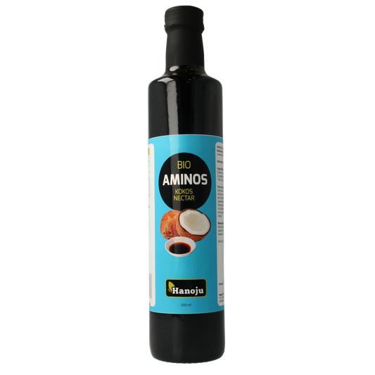 Hanoju Aminos Kokosnoot Nectar bio in 500ml bottle, natural coconut nectar drink from Hanoju, shown in a clear bottle.
