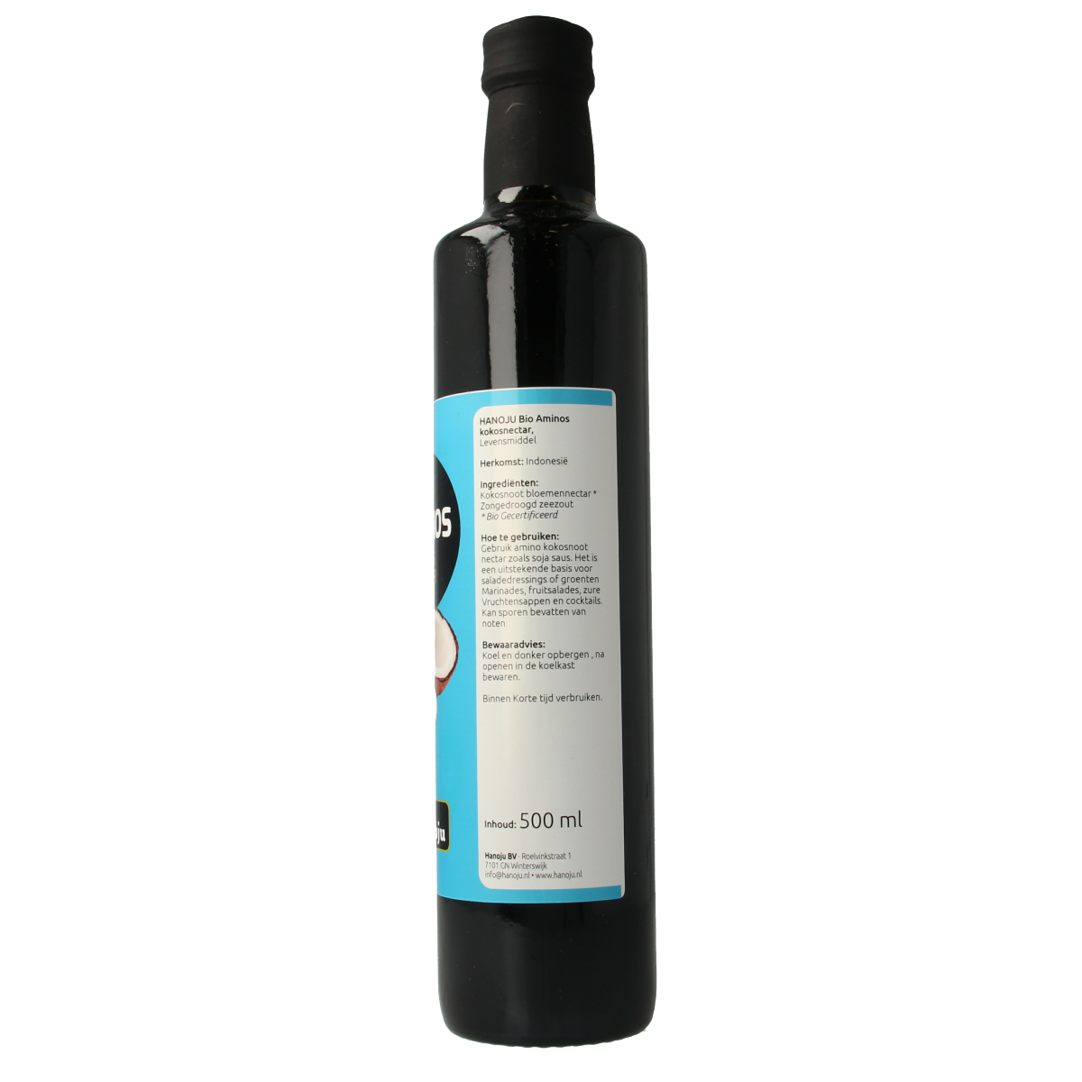 Hanoju Aminos kokosnoot nectar bio in 500ml bottle, natural coconut drink with amino acids, organic beverage, Hanoju brand