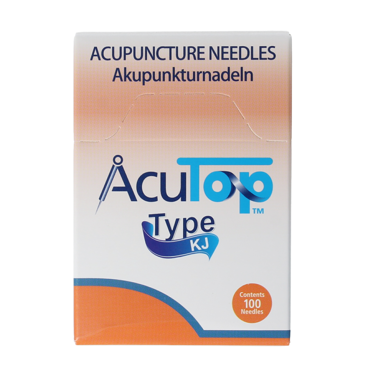 AcuTop KJ-T dry needle lancet with 0.20 x 15mm tips, shown in a box of 100 sterile lancets for blood sampling.