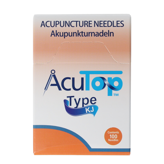 AcuTop KJ-T dry needle lancet with 0.20 x 15mm tips, shown in a box of 100 sterile lancets for blood sampling.