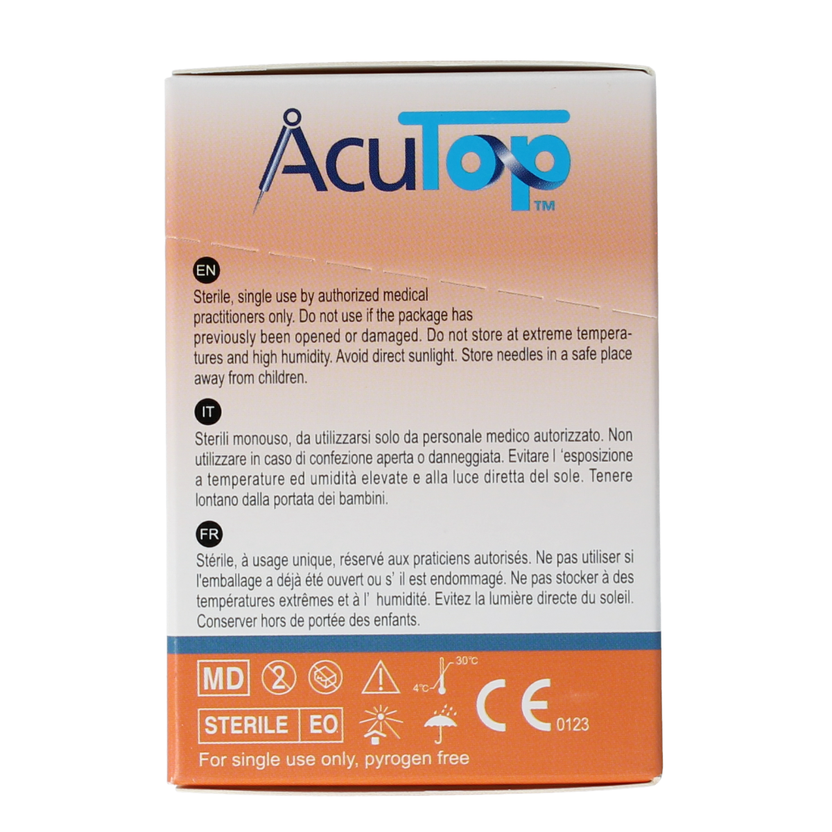 AcuTop KJ-T dry needle lancet with 0.20 x 15mm tips, shown in a box of 100 sterile lancets for blood sampling.