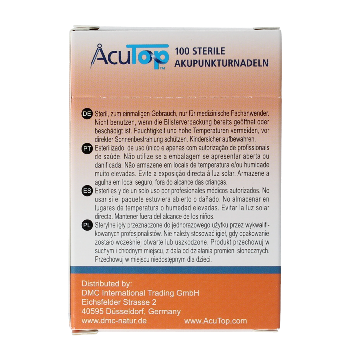 AcuTop KJ-T dry needle lancets with 0.20 x 15mm size, shown in a box of 100 sterile lancets for blood testing.