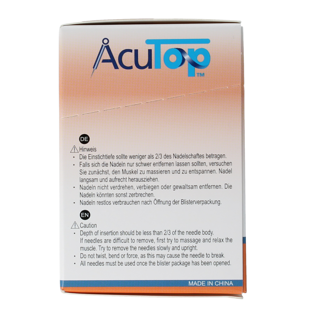 AcuTop KJ-T dry needle lancet with 0.20 x 15mm size, shown in a pack of 100 for blood sampling and testing.