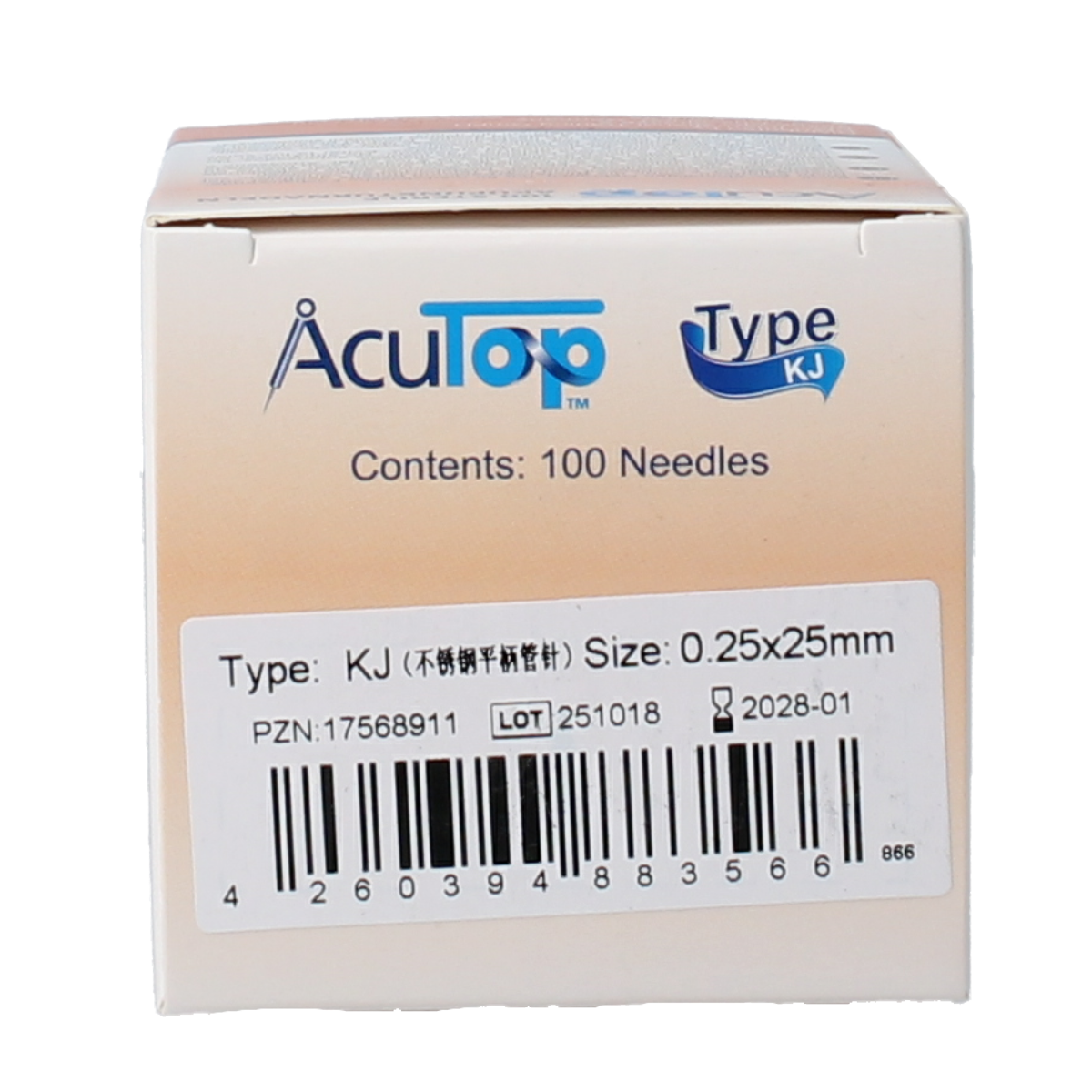AcuTop KJ-T dry needle lancet with 0.25 x 25mm size, 100 sterile lancets for blood testing, arranged in a row.