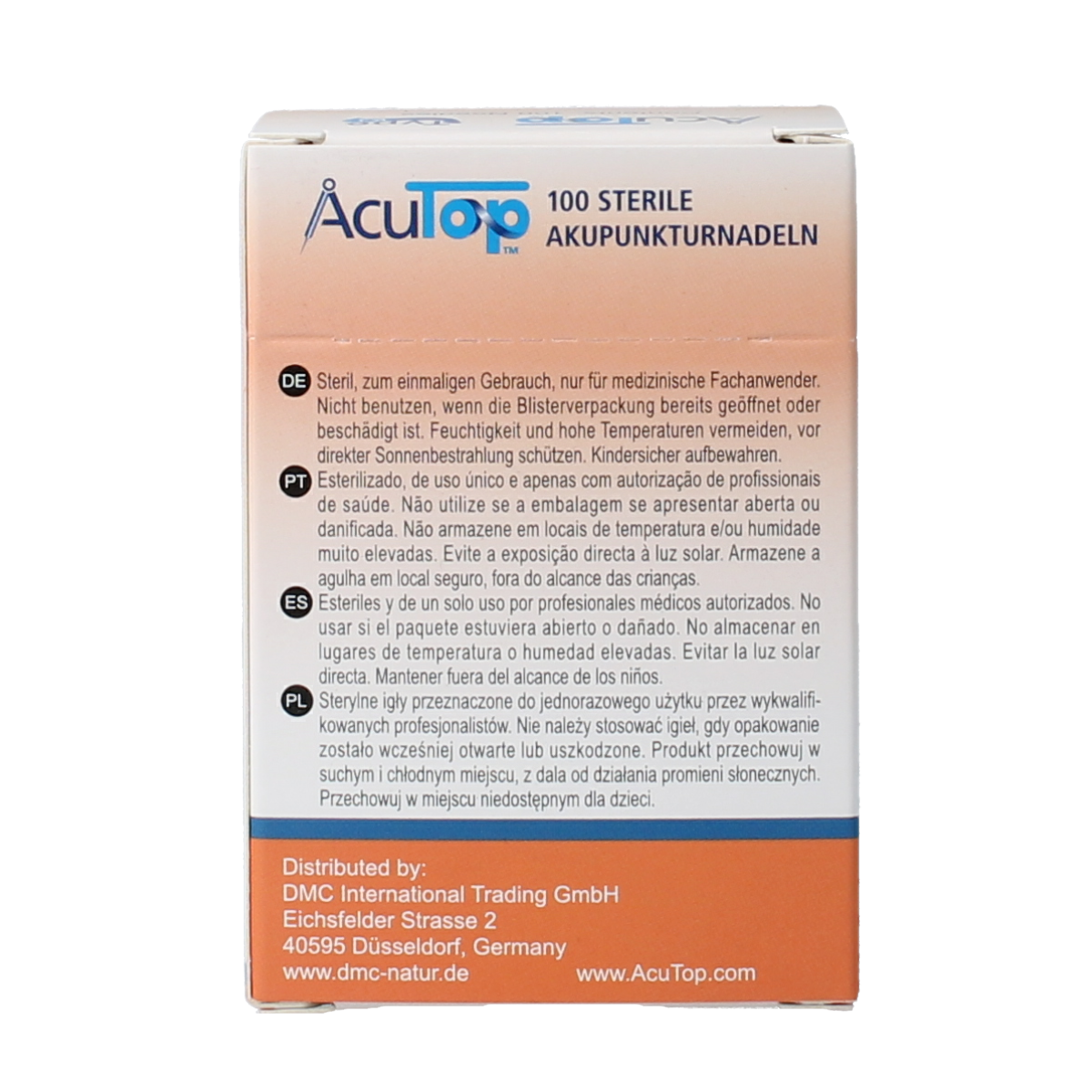 AcuTop KJ-T dry needle lancets, 0.25 x 25mm, in a box of 100, used for blood sampling and testing.