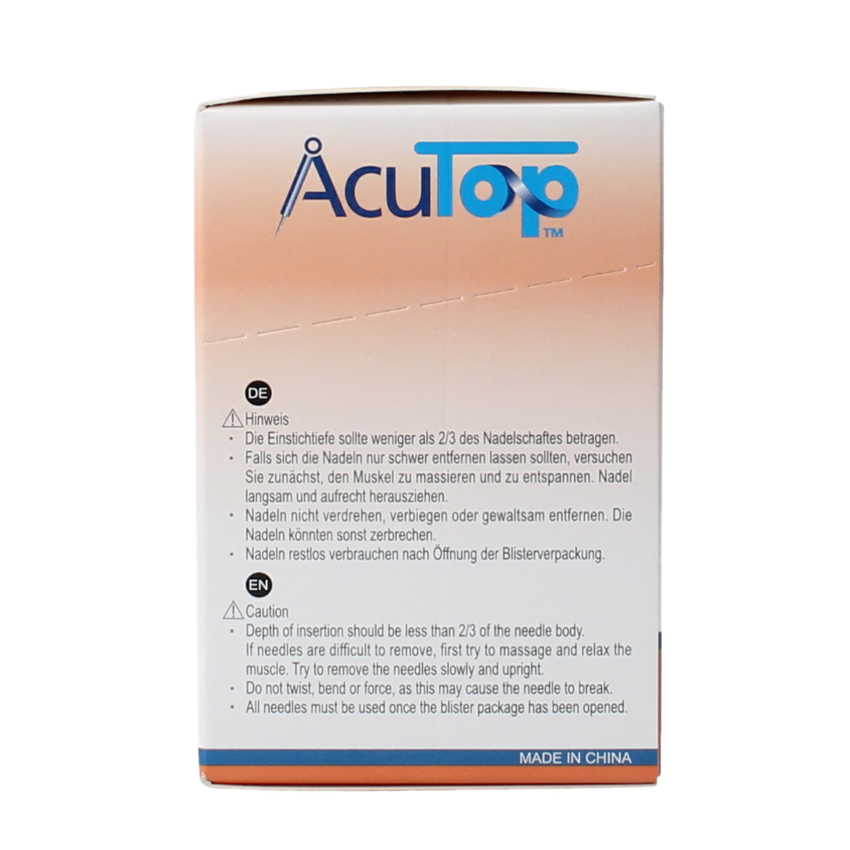 AcuTop KJ-T dry needle lancets, 0.25 x 25mm, pack of 100 for blood sampling, with sterile lancet tips in container.