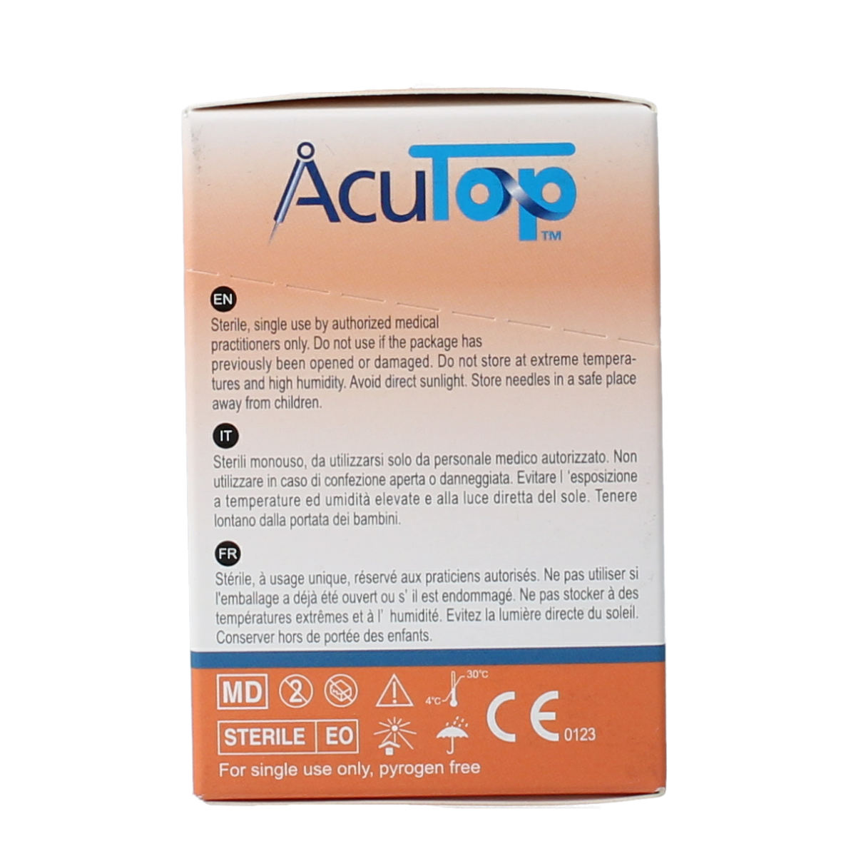 AcuTop KJ-T dry needle lancet 0.30 x 30mm, pack of 100 sterile lancets used for blood sampling or testing.