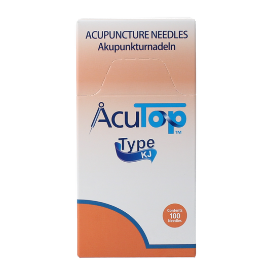 AcuTop KJ-T dry needle lancet 0.30 x 50mm, set of 100 for blood sampling, with sterile needle tips and packaging.